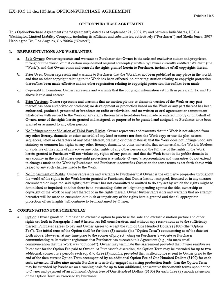 Option Purchase Agreement | PDF | Copyright | Breach Of Contract