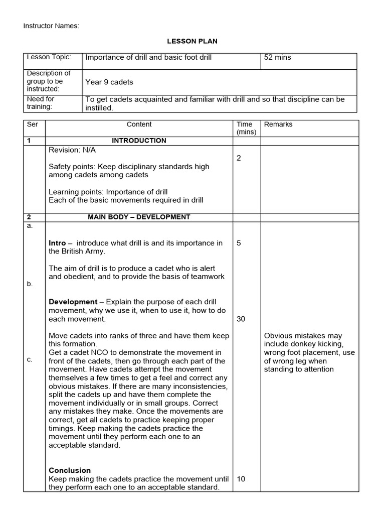 Lesson Plan Importance of Drill and Basic Drill PDF