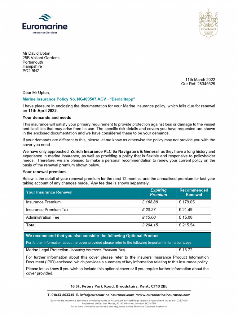 (1354674667) Your Euromarine Insurance Policy Renewal | PDF | Insurance ...