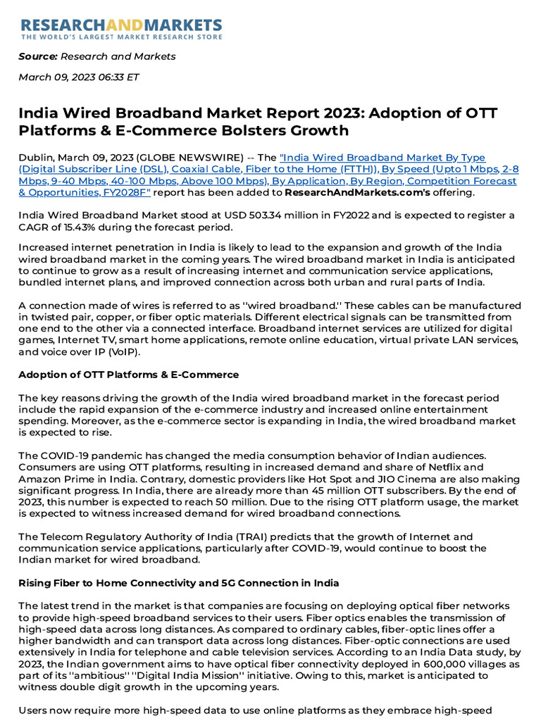 India Wired Broadband Market Insights 2023 | PDF | Broadband | Fiber To ...
