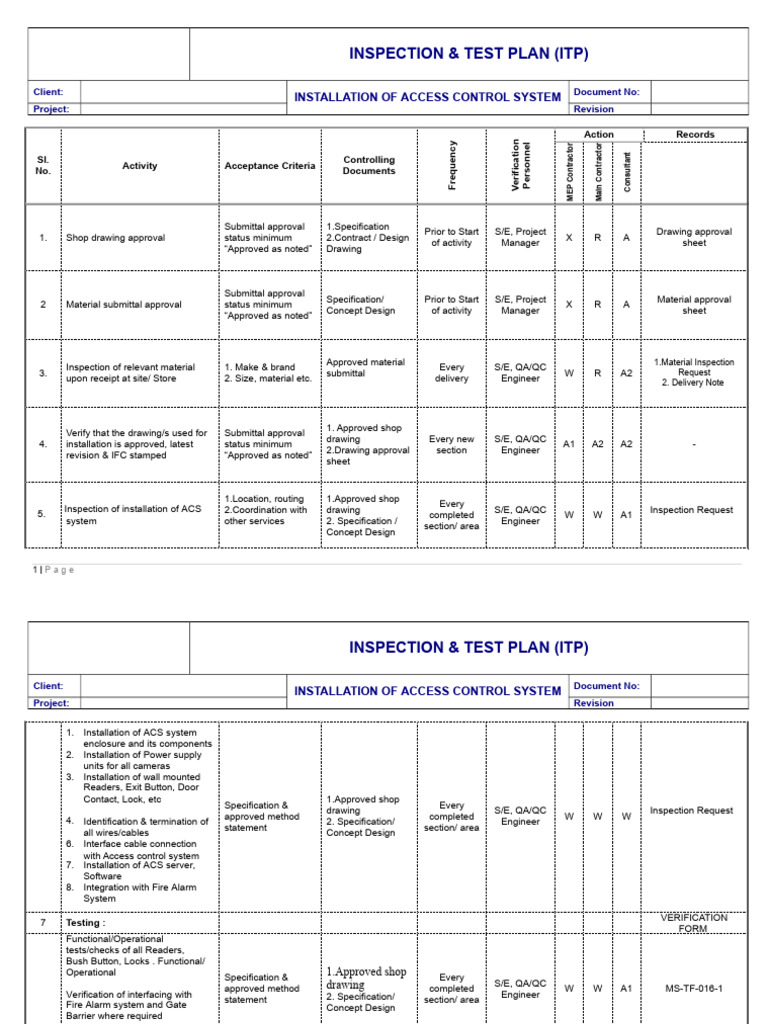 Inspection Test Plan Itp Acs Pdf Specification Technical