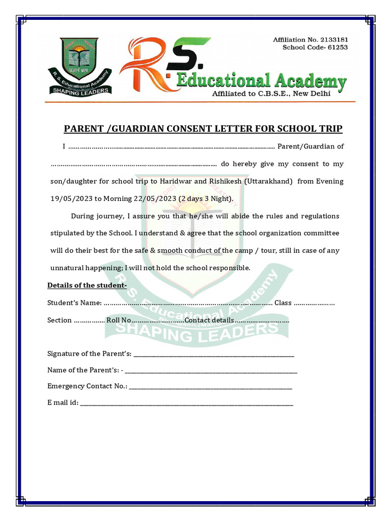 Parent Consent for School Trip | PDF