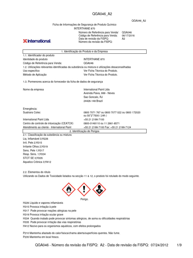 FISPQ INTERTHANE 870 - Segurança Química | PDF | Solvente | Asma