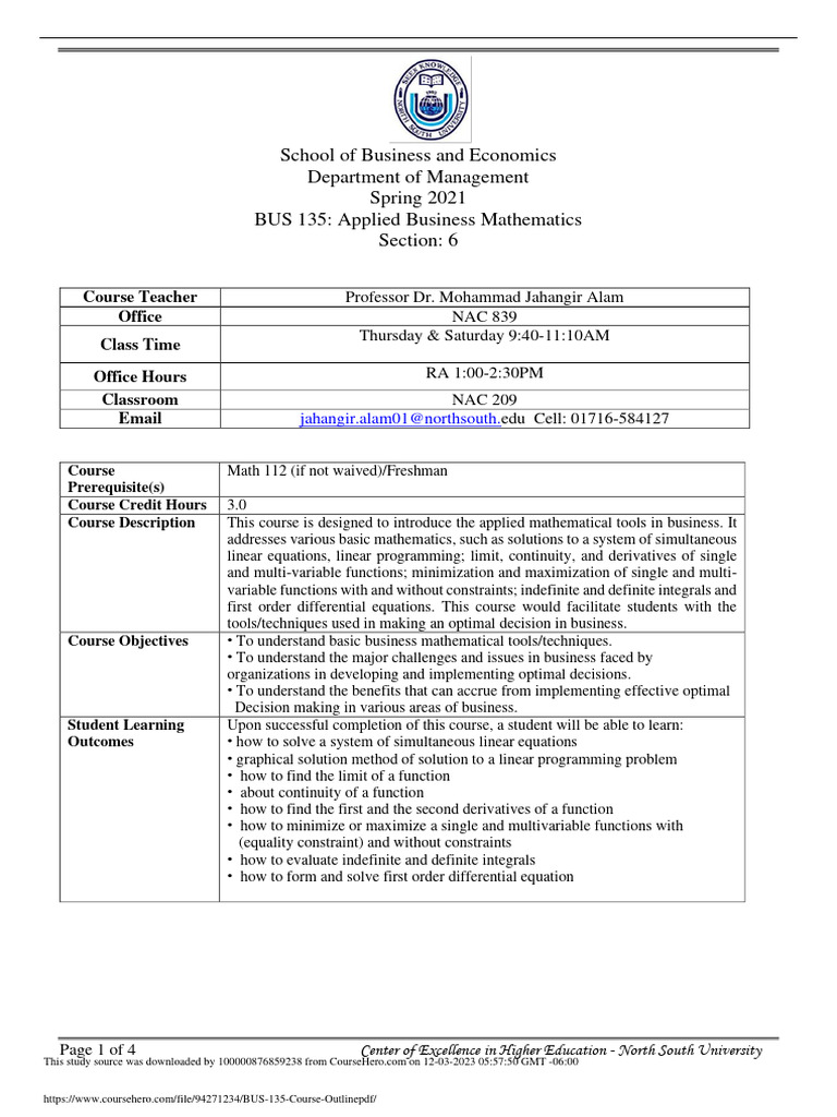 BUS 135 Course Outline PDF | PDF | Mathematical Optimization | Derivative