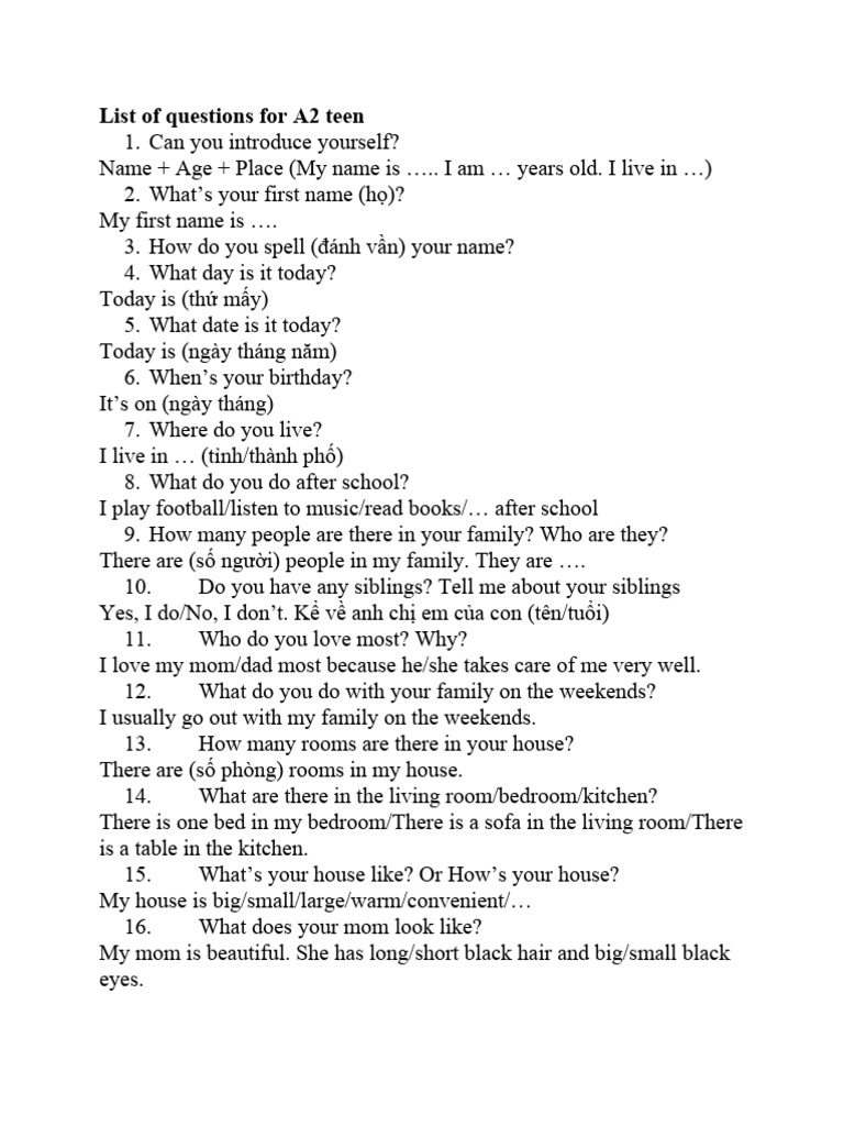 List of Questions For A2 Teen | PDF