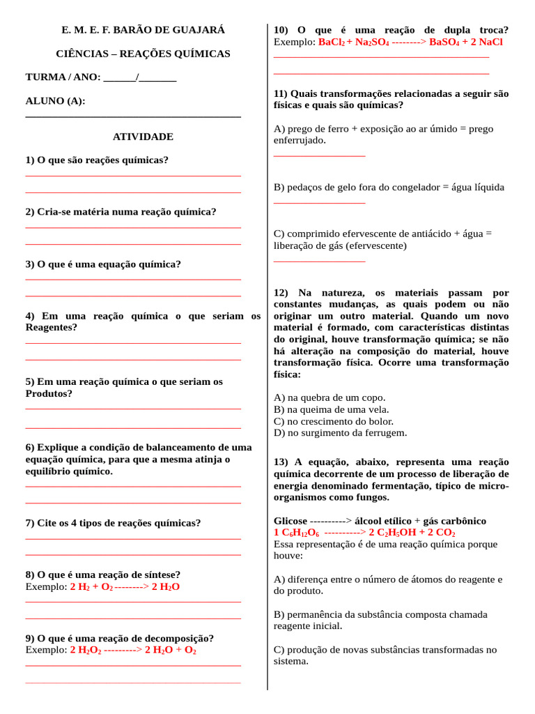 Atividades sobre Reações Químicas 9º Ano | PDF | Reações químicas | Química