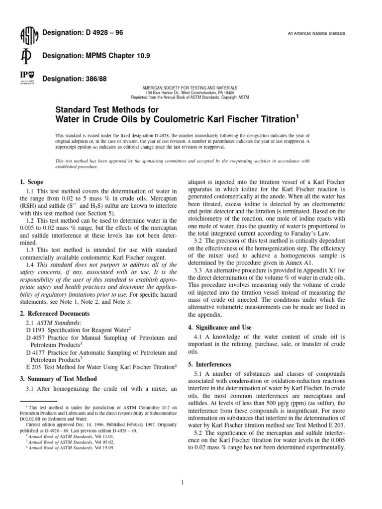 Water in Crude Oils by Coulometric Karl Fischer Titration Standard Test Methods For PDF