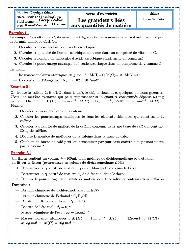 Exercices sur les quantités de matière | PDF | Chimie | Sciences physiques