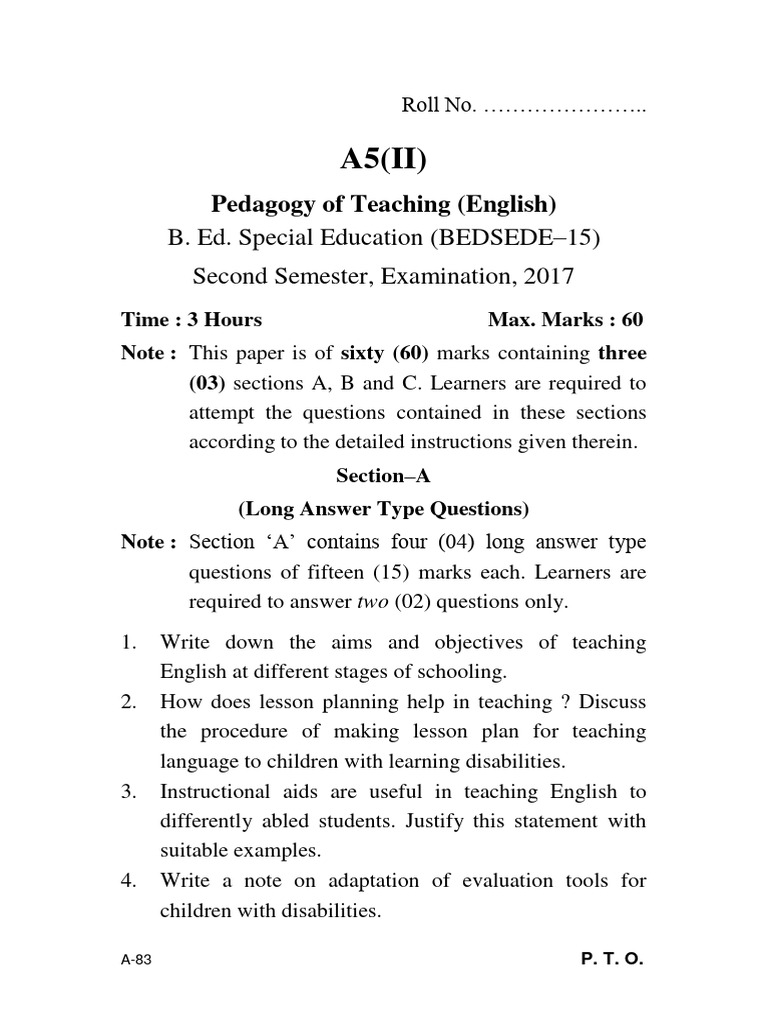 B. Ed. Special Education (BEDSEDE15) Second Semester, Examination