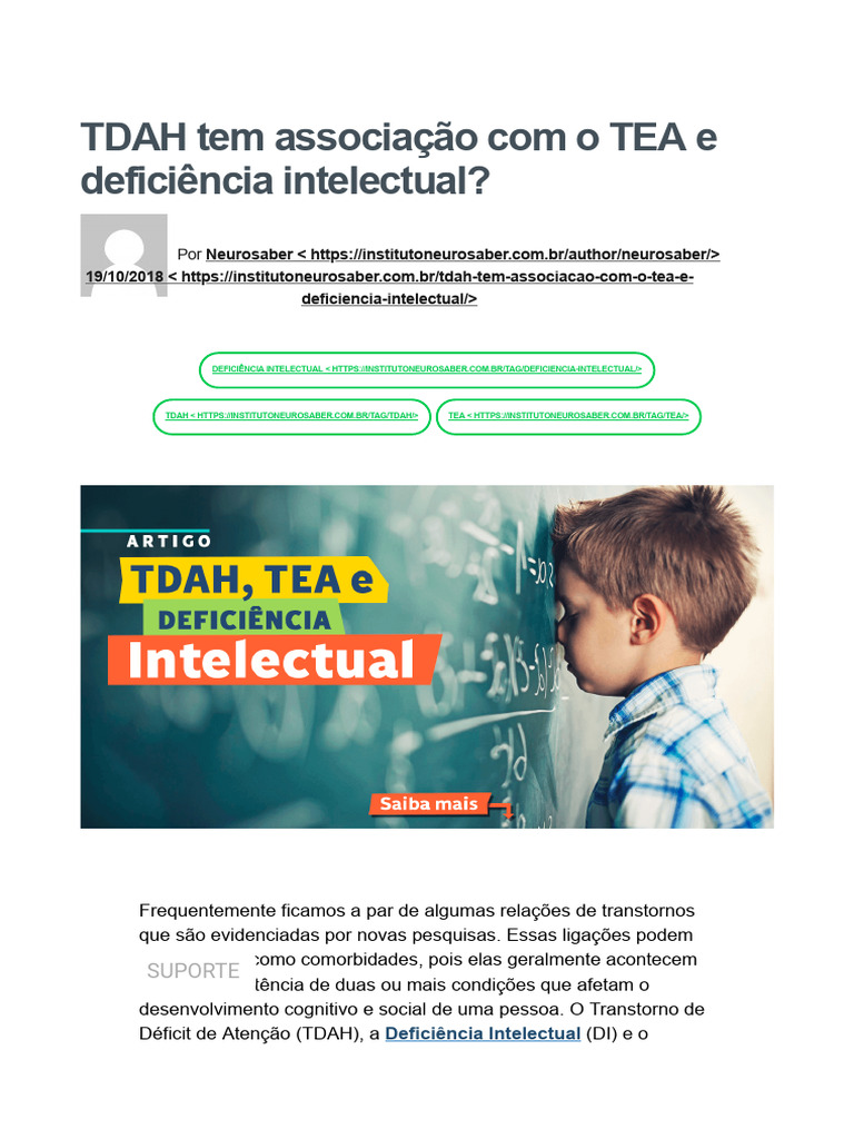 TDAH Tem Associação Com o TEA e Deficiência Intelectual - Instituto ...