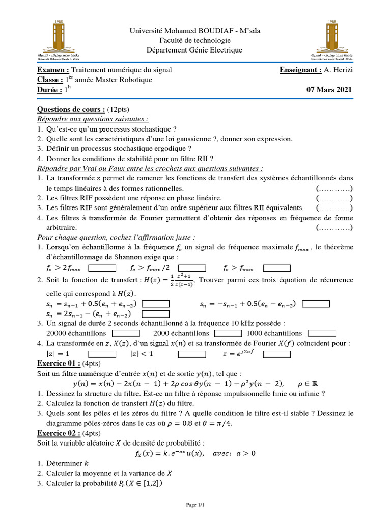 Traitement Numérique Du Signal – Notes De Cours (anglais) – Comme Neuf