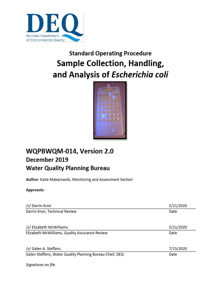 E. coli Sample Collection SOP | PDF | Water Quality | Escherichia Coli