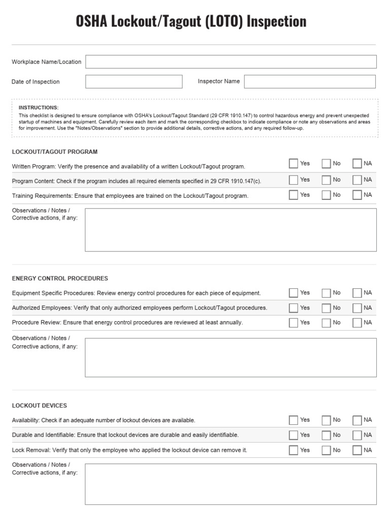 OSHA Lockout/Tagout Checklist | PDF | Government | Safety