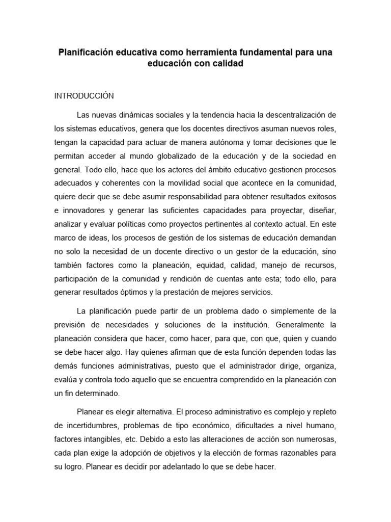 Planificación Educativa Como Herramienta Fundamental para Una Educación ...