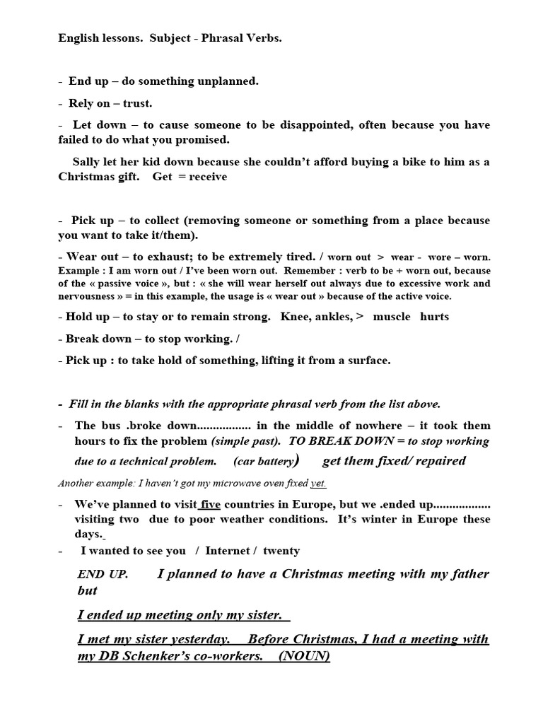 First Phrasal Verbs Exercise Pdf Linguistic Typology Language