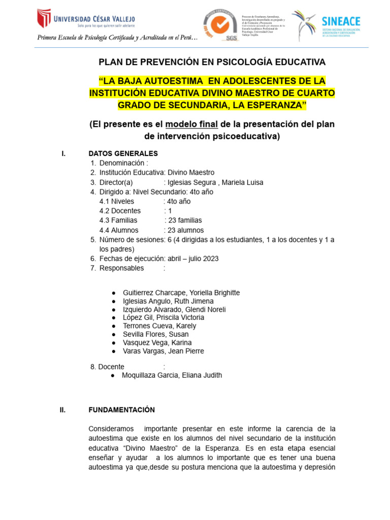 Plan de Prevención de Autoestima Escolar | PDF | Enseñando | Autoestima