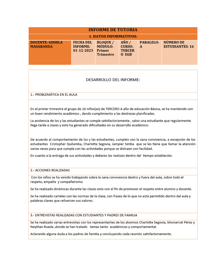 Informe de Tutoría Tercer EGB A | PDF | Salud y bienestar