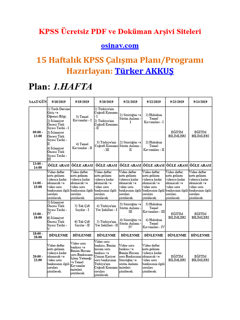 15 Haftalık KPSS Çalışma Planı Programı | PDF