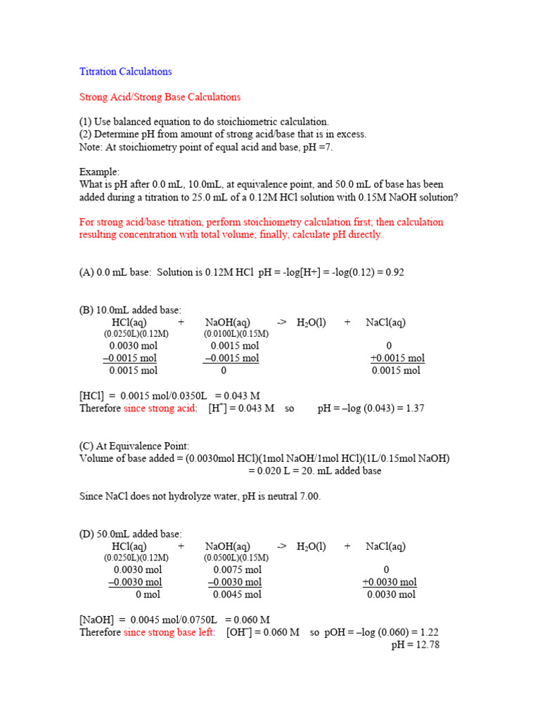 Titration Calculation Answer Key PDF Ph Chemistry
