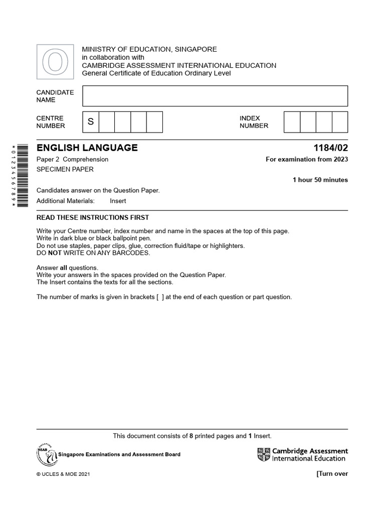 O Level English 1184/02 Specimen Paper | PDF