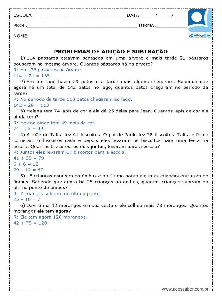 Atividade de Matematica Problemas de Adicao e Subtracao | PDF
