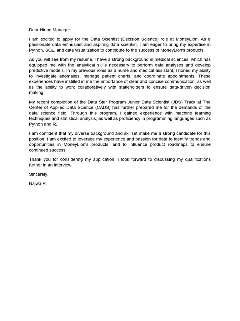 Cover Letter - Data Scientist (Machine Learning) | PDF | Career ...
