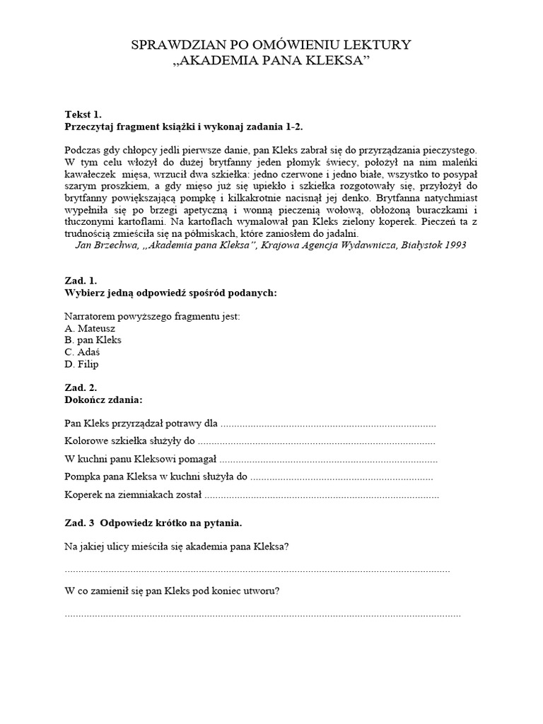 Test O Akademii Pana Kleksa Test Podsumowujacy Lekture Akademia Pana Kleksa Kl. 4. | PDF