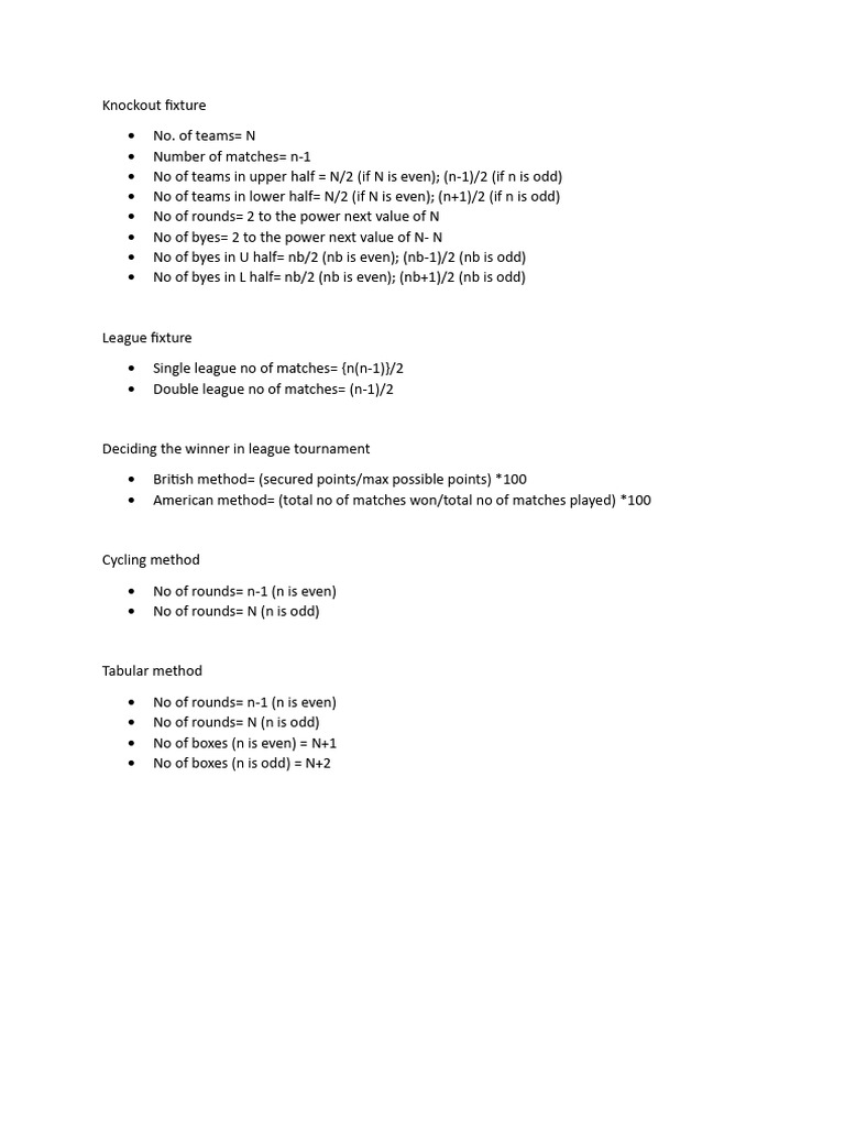 Tournament Fixture Formulas Explained | PDF