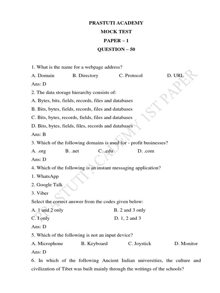 Mock Test Paper for Prastuti Academy | PDF
