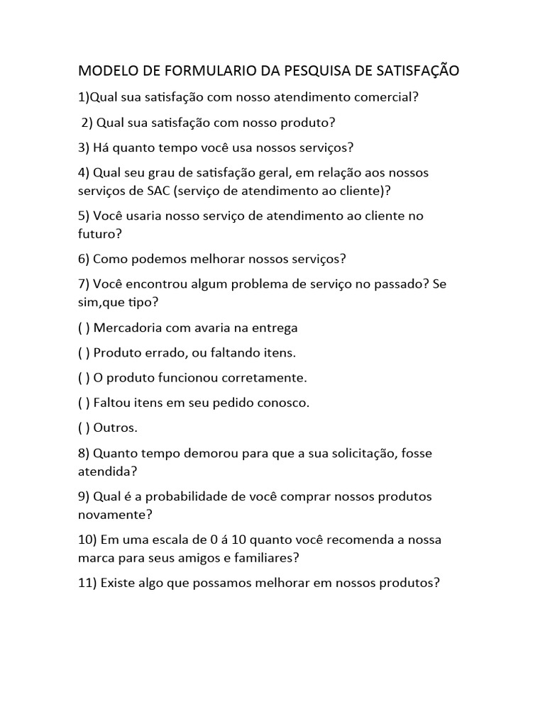 Modelo De Formulario Da Pesquisa De Satisfação Pdf