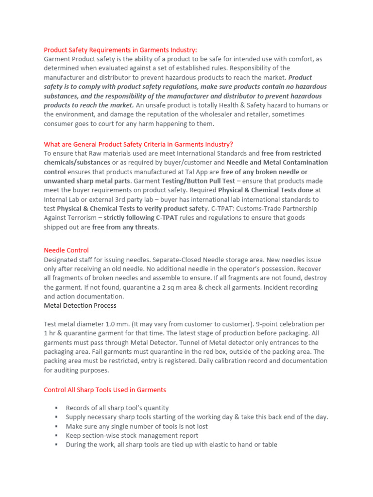 Garment Industry Product Safety Standards | PDF | Safety | Hazards