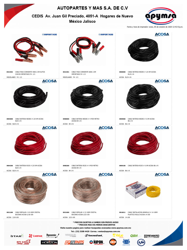 Catálogo de Cables Autopartes 2020 | PDF