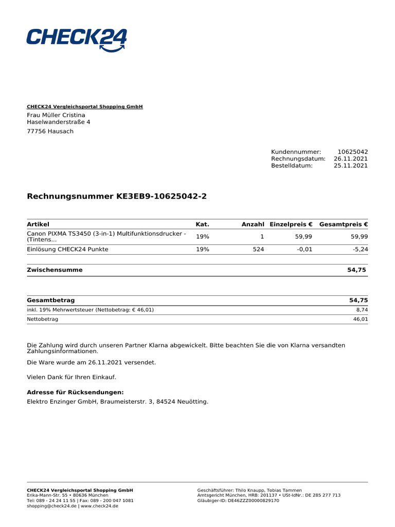 CHECK24 Rechnung KE3EB9106250422 6 PDF