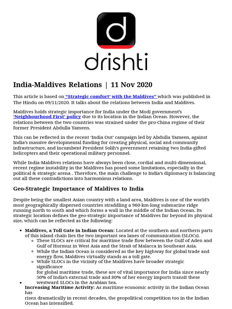 Daily News Editorials India Maldives Relations Print Manually PDF