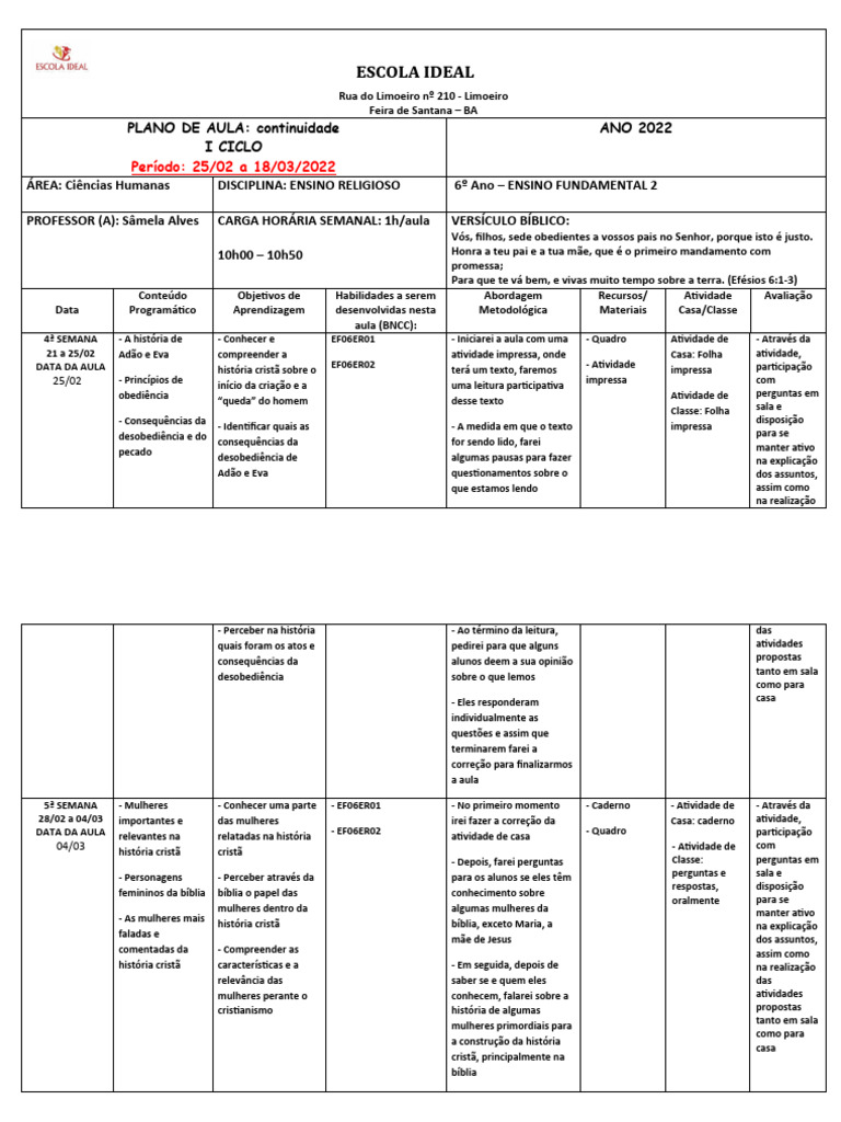 Plano de Aula ENSINO RELIGIOSO - Semana 4-5 e 6-7 | PDF | Família | Bíblia