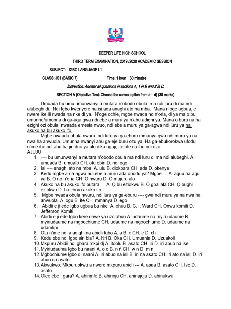 Js 1 igbo l1 3rd term exam 2019 2020 pdf