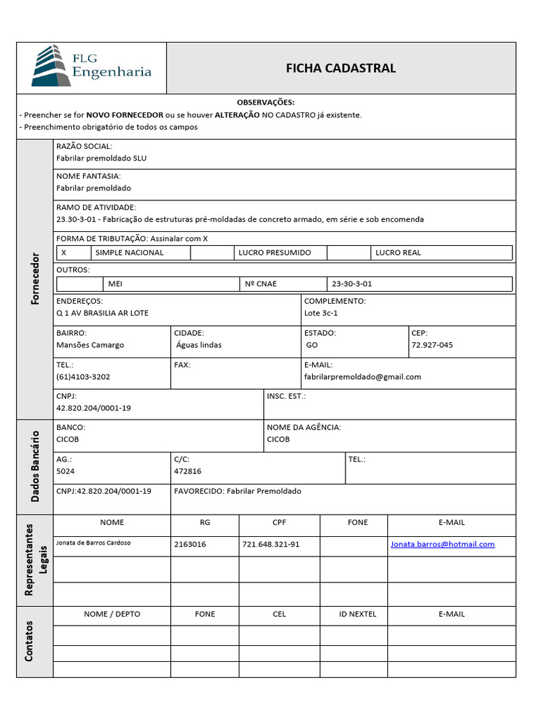 Cadastro de Fornecedor: Fabrilar Premoldado | PDF | Brasil | Informação ...