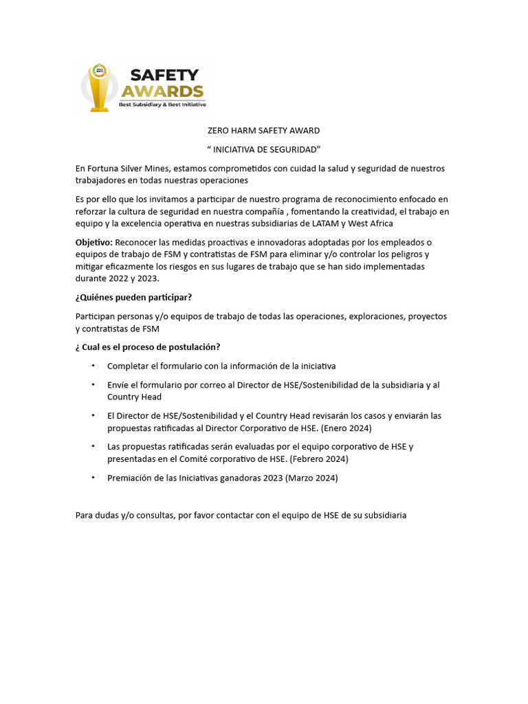 Premio Zero Harm 2023 en Seguridad | PDF