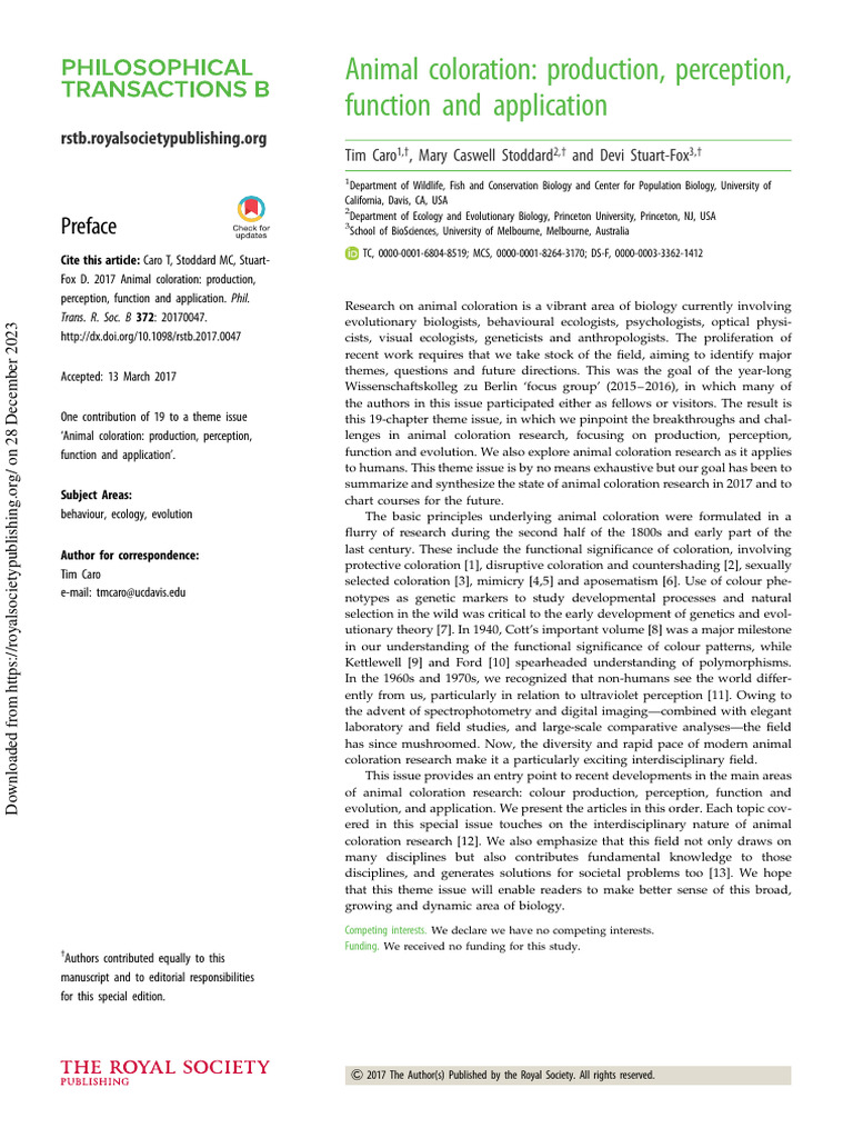 Caro Et Al 2017 Animal Coloration Production Perception Function and ...