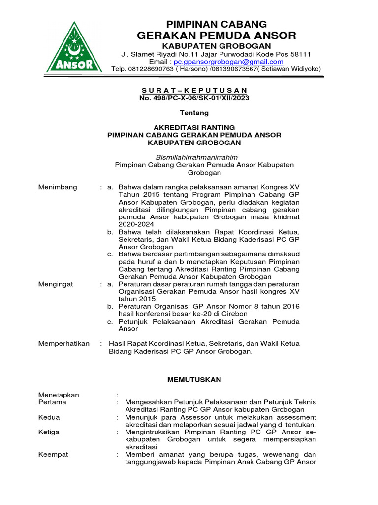 Akreditasi Ranting GP Ansor Grobogan 2023 | PDF