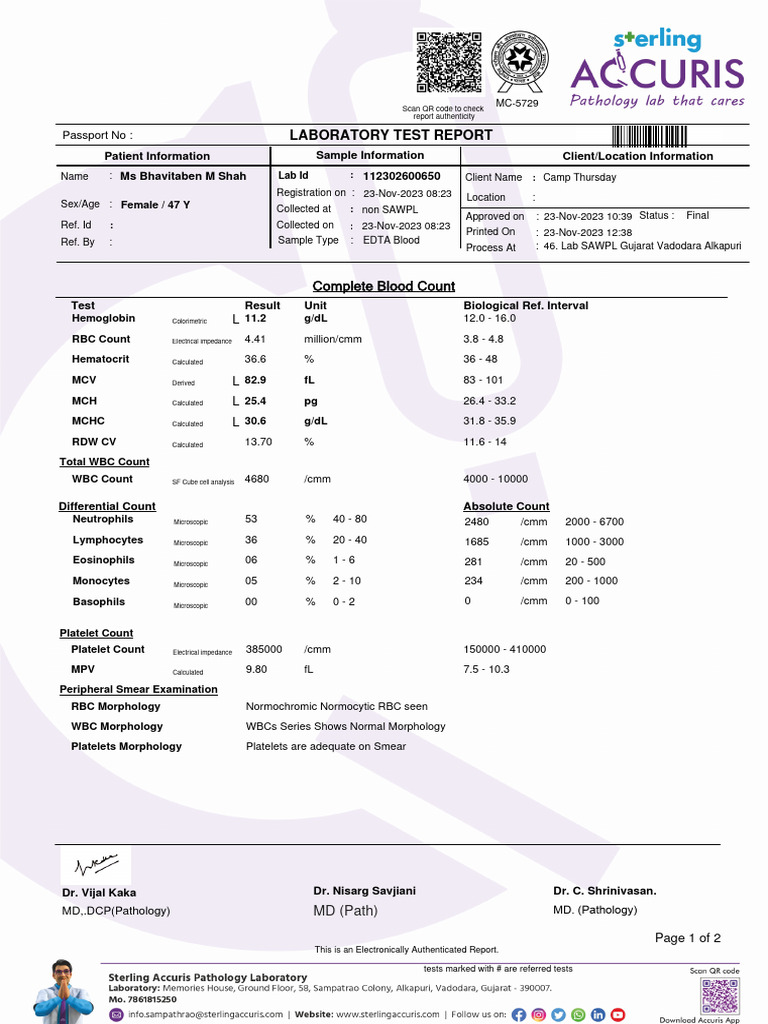 Laboratory Test Report: Complete Blood Count | PDF