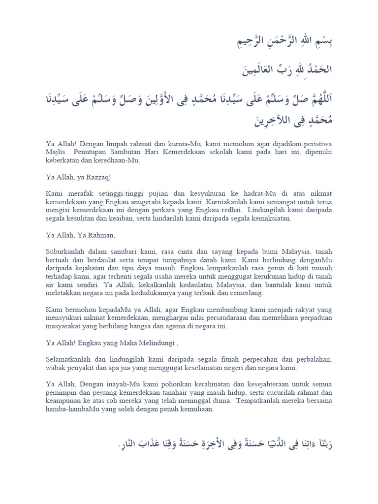Doa Majlis Penutup Hari Kemerdekaan | PDF