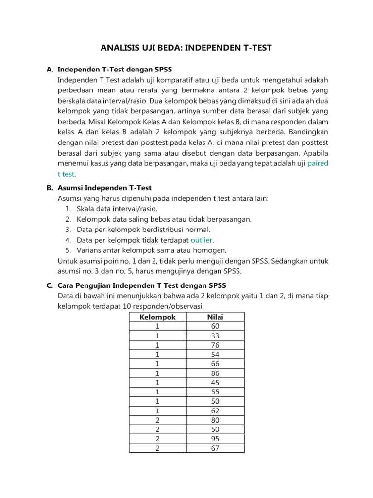 Uji Beda Menggunakan Independent T-Test | PDF