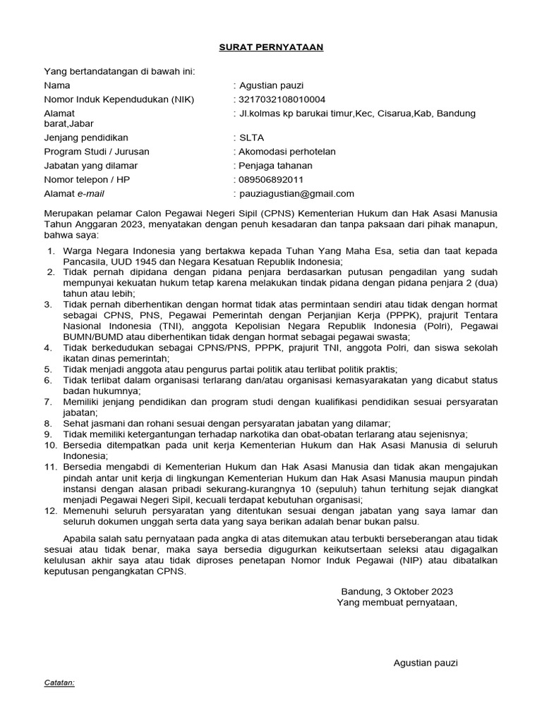 Surat Pernyataan CPNS 2023 | PDF