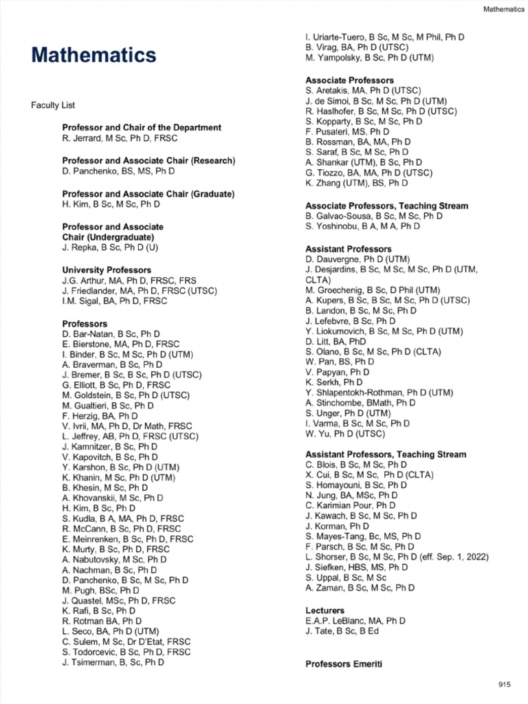Toronto List of Maths Courses | PDF