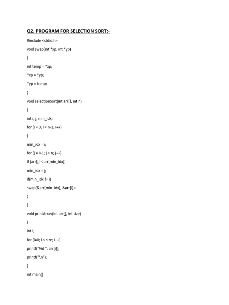 Q2. Program For Selection Sort | PDF | Computer Programming ...