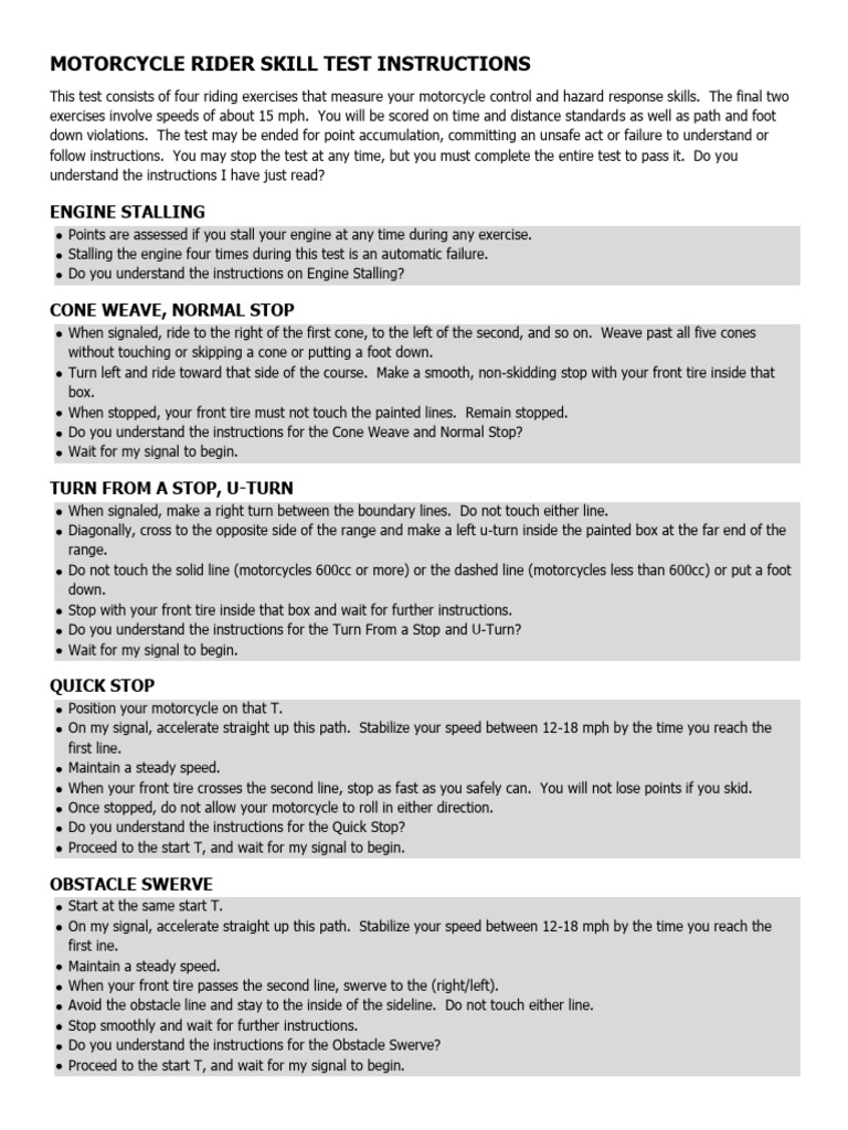 Motorcycle Rider Skills Test Guide | PDF | Vehicles | Land Transport