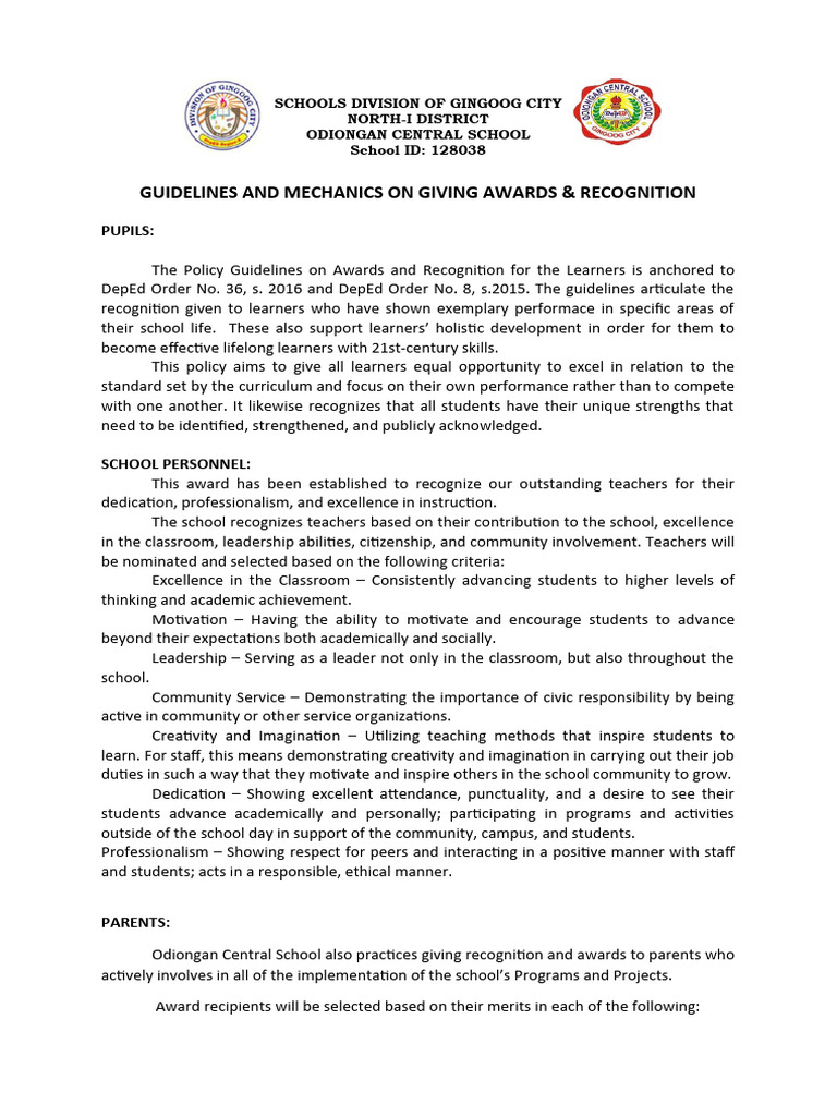 Guidelines for Awards and Recognition | PDF | Career & Growth