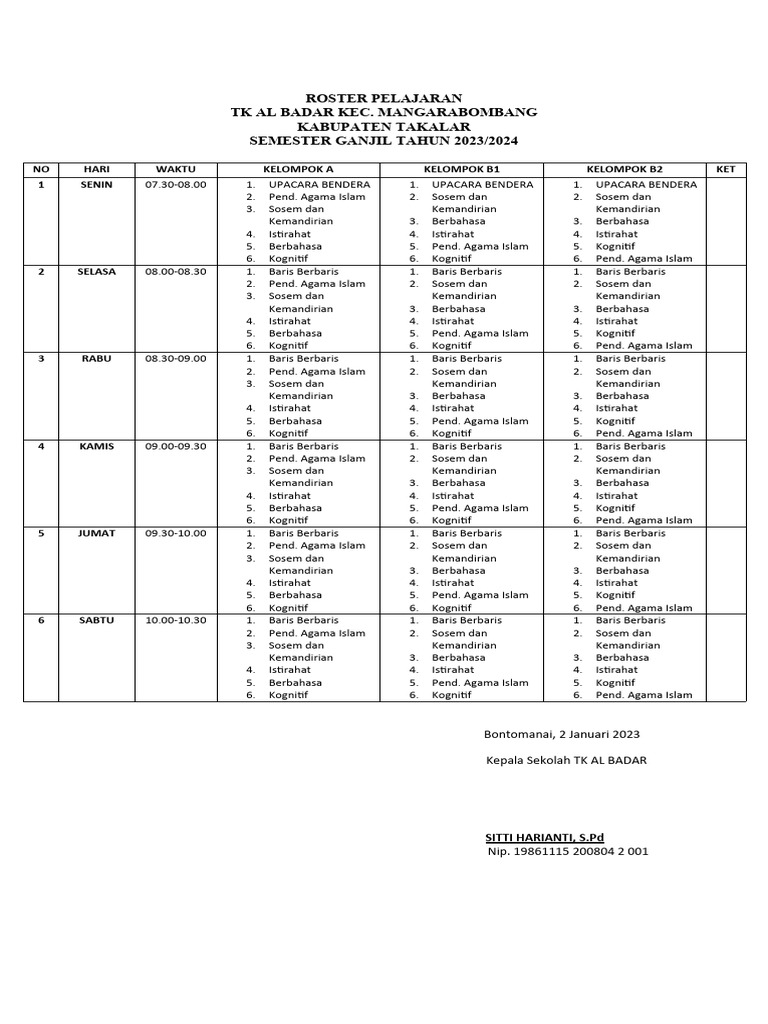 Roster Pelajaran 2023 | PDF