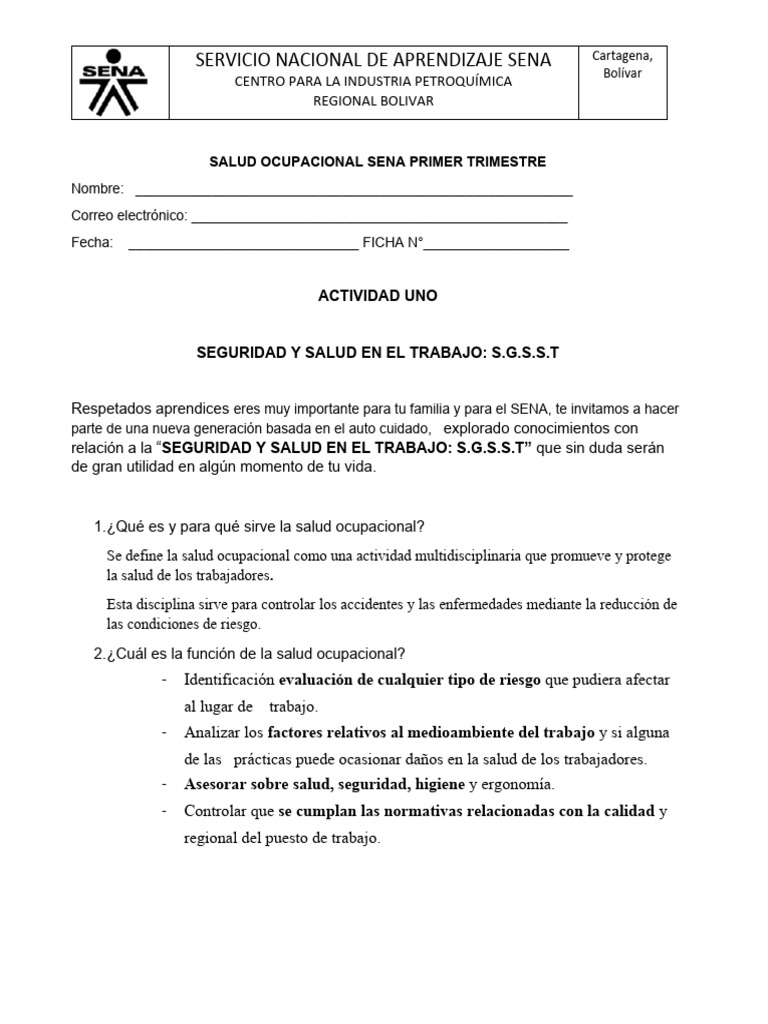 Actividad 1 Salud Ocupacional I Pdf Seguridad Y Salud Ocupacional